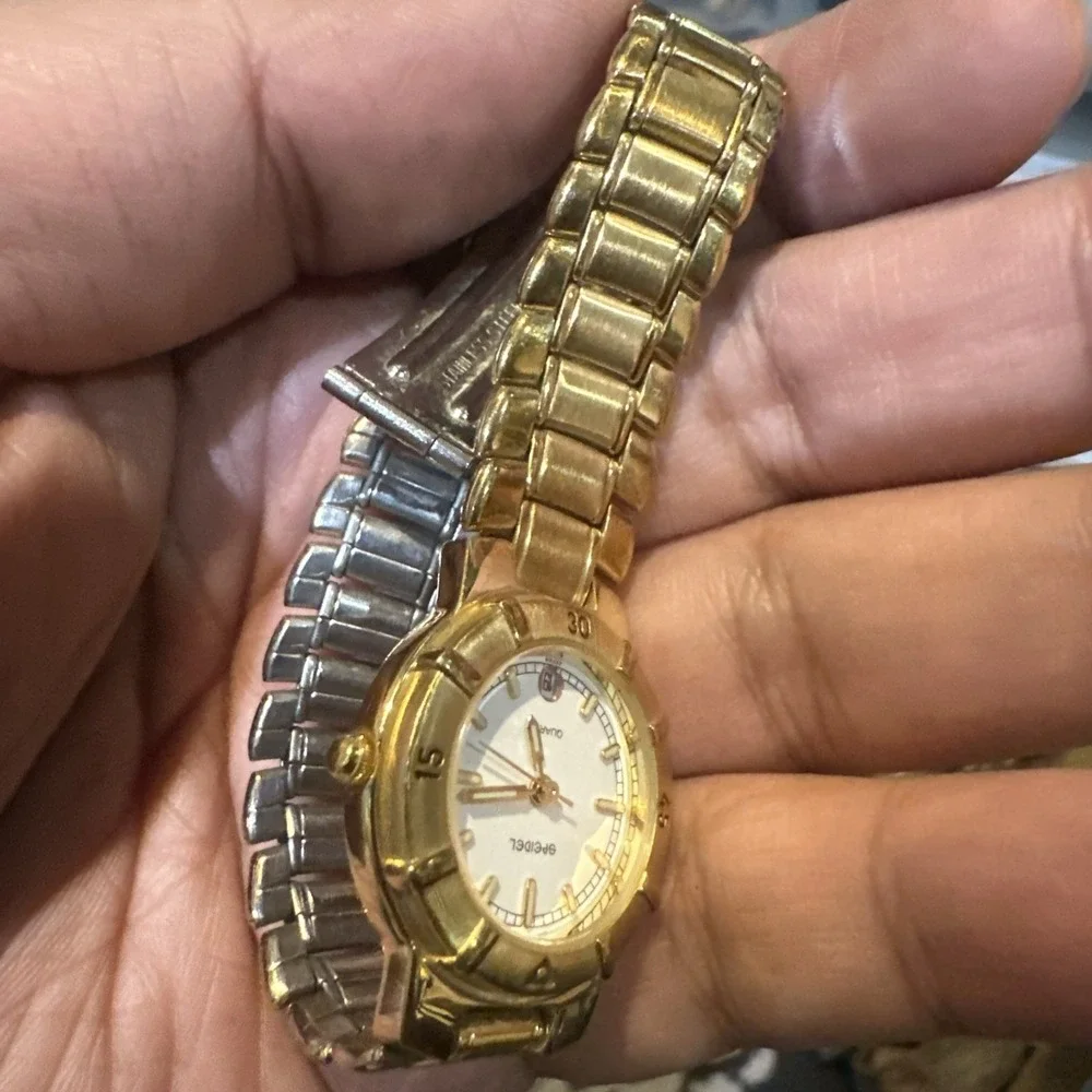 Works VTG Speidel Ladies Quartz Watch Gold Tone Date New Battery 26mm Fit 6.5